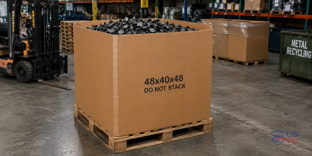Gaylord Boxes (48x40x48). A beige/brown corrugated cardboard box exactly 48x40x48 inches sitting on top of a standard wood pallet, supplied by U.S. Pallet & Crate in Houston, TX