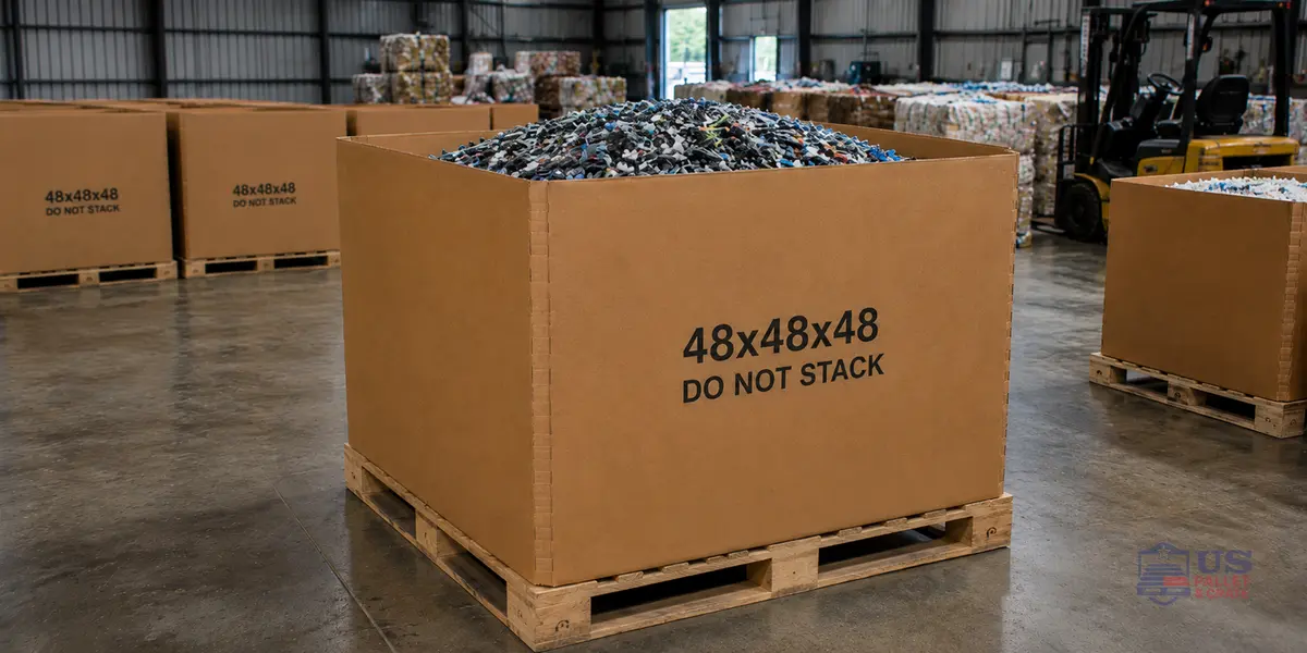 Gaylord Boxes (48x48x48). A bigger 48x48x48 corrugated cardboard cube on a pallet, supplied by U.S. Pallet & Crate in Houston, TX