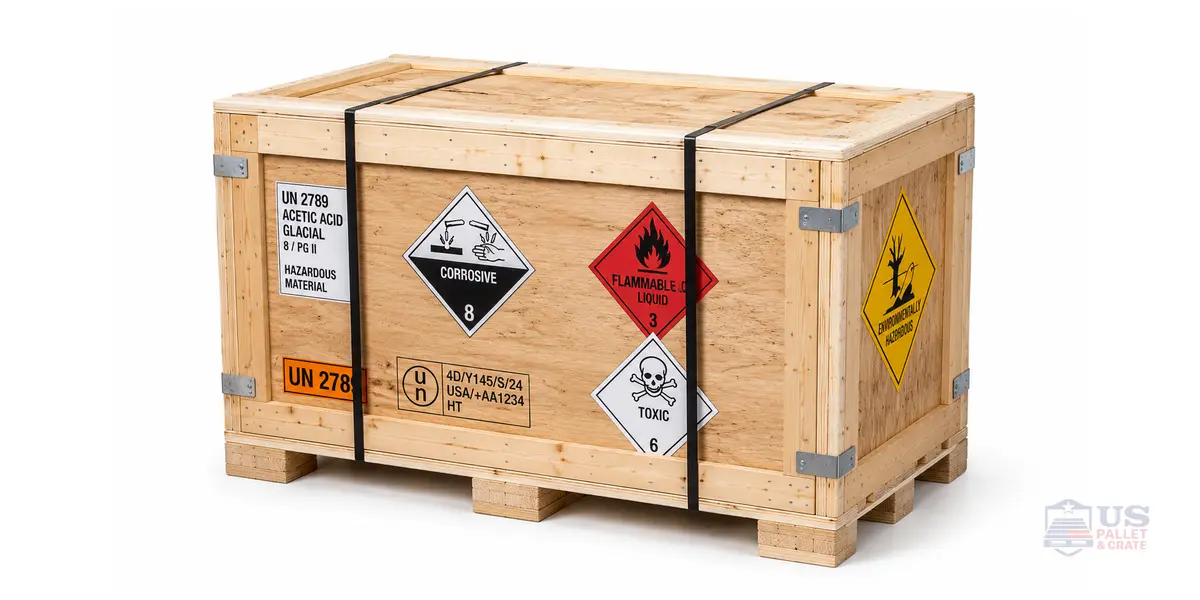 Hazmat Crating. A heavy crate with bright orange/yellow hazmat warning placards (the iconic diamond-shaped warning symbols with flames, skull and crossbones, or chemical icons), supplied by U.S. Pallet & Crate in Houston, TX