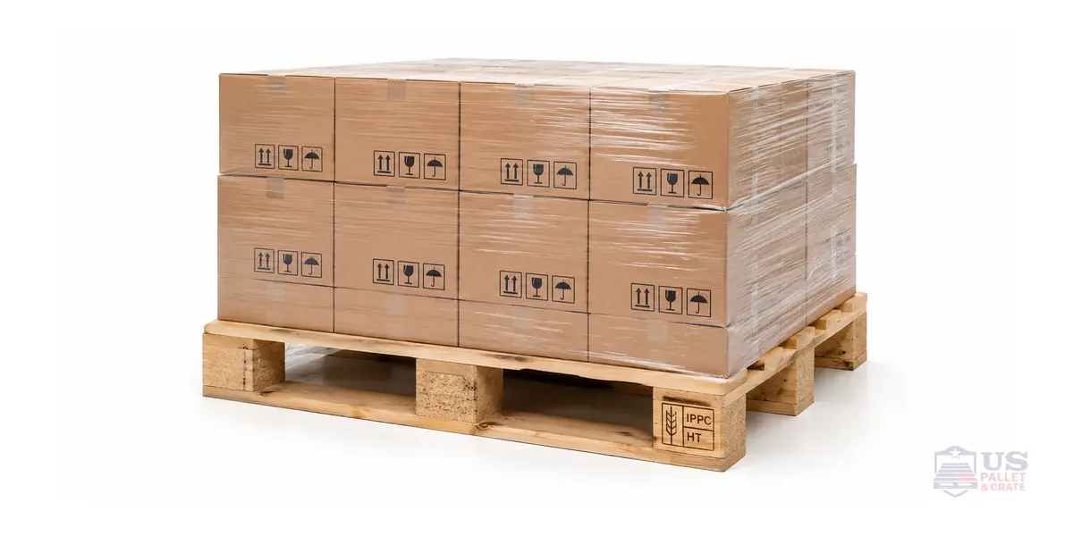 Heat-Treated Wood Pallets (ISPM-15 Certified). A wood pallet with a clearly visible 'IPPC' and 'HT' (heat treated) stamp burned into the corner block, supplied by U.S. Pallet & Crate in Houston, TX