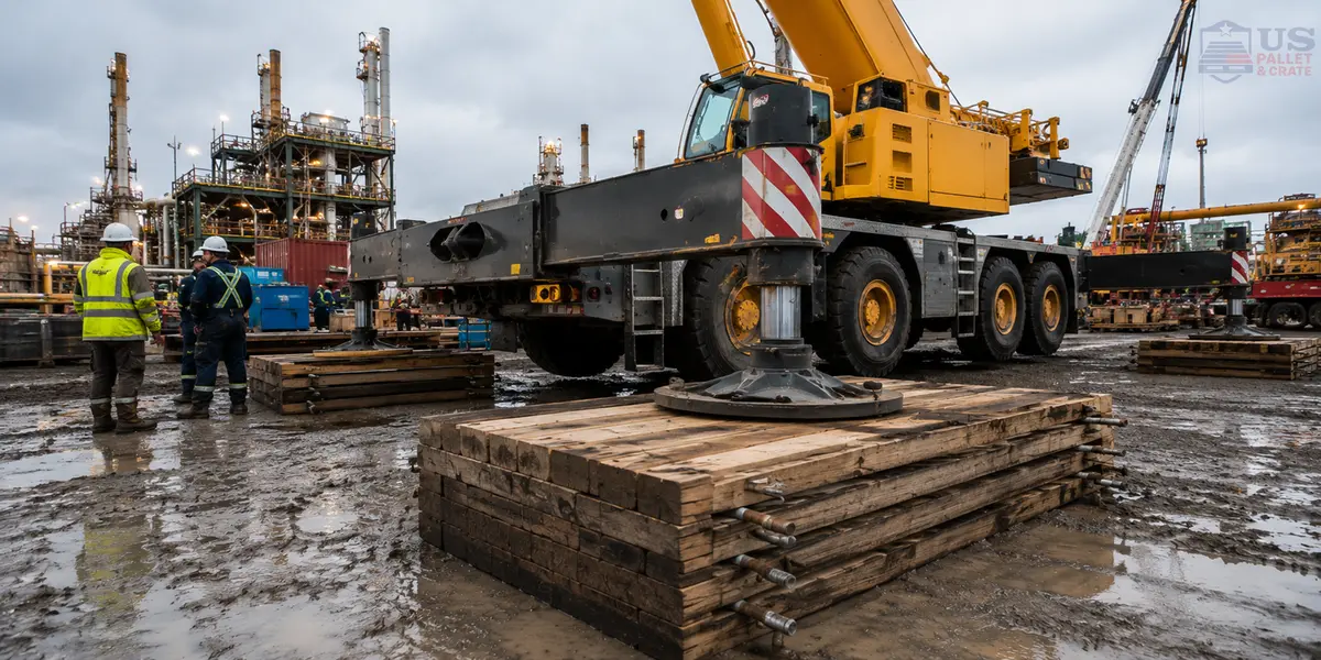 Heavy duty crane mats laid out to spread load on soft ground, supplied by U.S. Pallet & Crate in Houston, TX