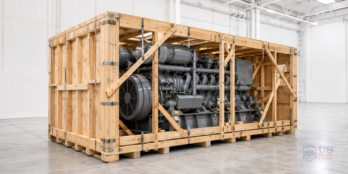 Heavy Equipment Crating. A massive custom wood crate being built around a large piece of machinery — almost like scaffolding wrapped around it, supplied by U.S. Pallet & Crate in Houston, TX