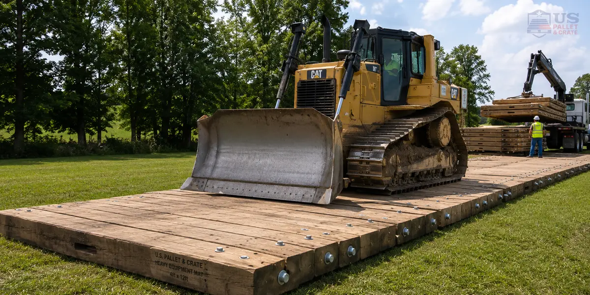 Heavy Equipment Mats. Thick wood mats made of bolted-together hardwood beams, supplied by U.S. Pallet & Crate in Houston, TX