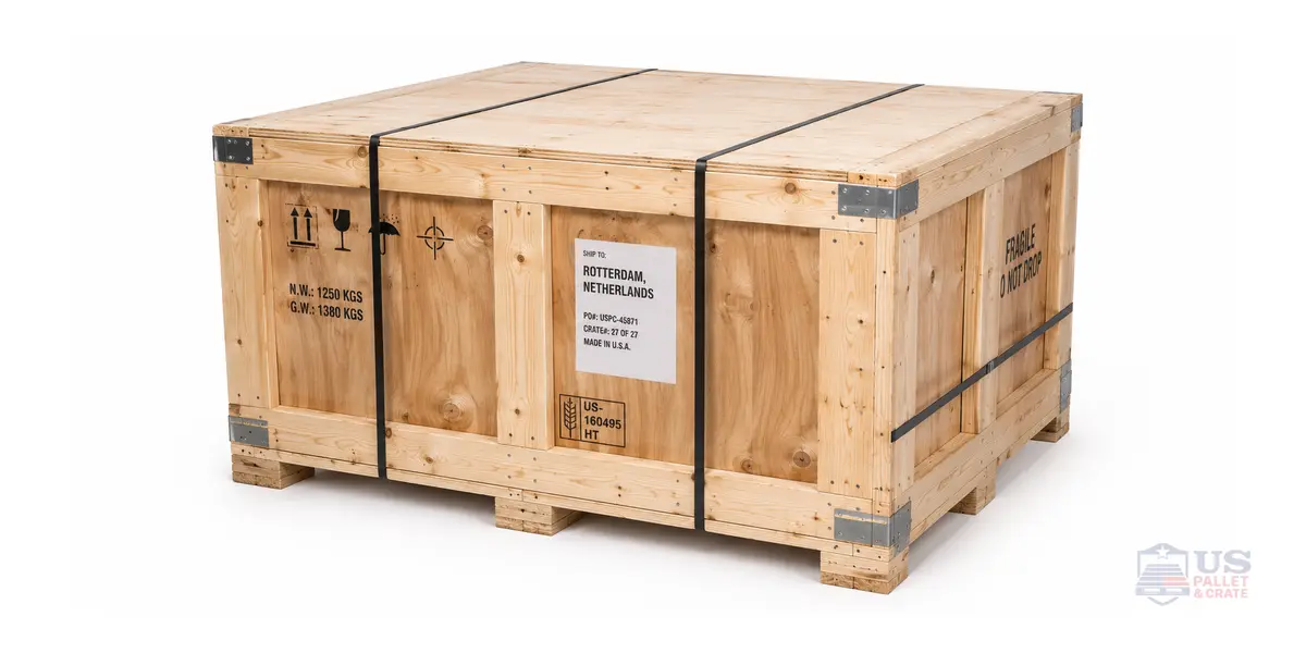 Heavyweight Export Crates. An extra-heavy wood crate with thick lumber framing, plywood panels, reinforced corners, and steel banding straps, supplied by U.S. Pallet & Crate in Houston, TX