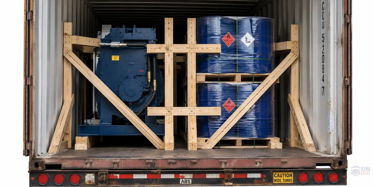 Industrial Dunnage. Rough-cut lumber pieces (2x4s, 4x4s) wedged inside an open shipping container or flatbed trailer between heavy machinery, drums, or palletized cargo, supplied by U.S. Pallet & Crate in Houston, TX