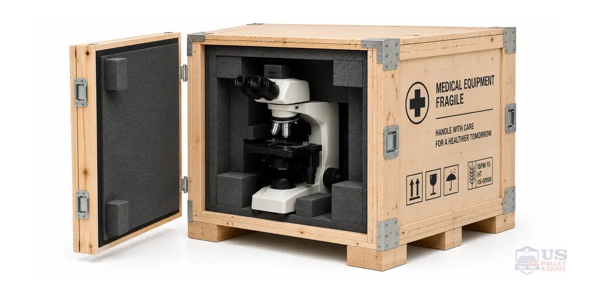 Lab Equipment Crating. A smaller, precisely built crate with extensive foam padding visible inside, supplied by U.S. Pallet & Crate in Houston, TX