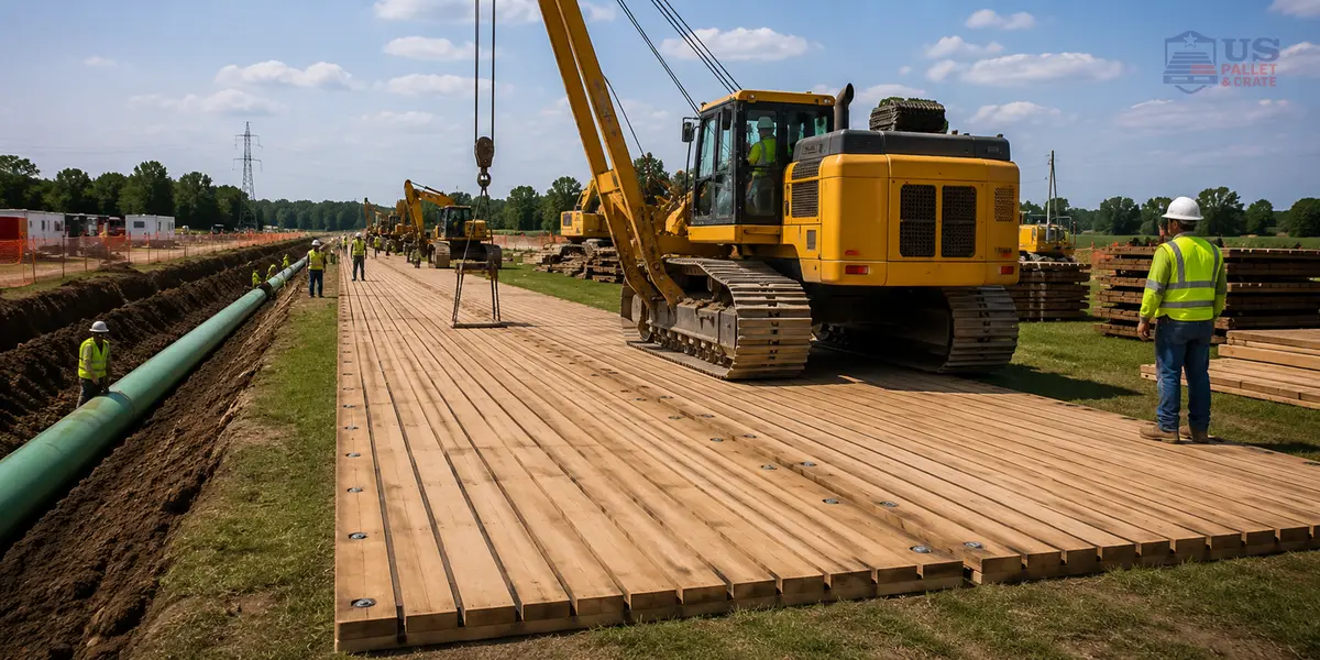 Laminated construction mats built for heavy equipment access, supplied by U.S. Pallet & Crate in Houston, TX