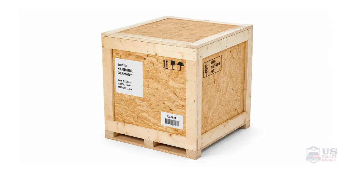 Lightweight Export Crates. A wood crate built with thinner lumber and OSB or engineered wood panels (lighter than full plywood), supplied by U.S. Pallet & Crate in Houston, TX