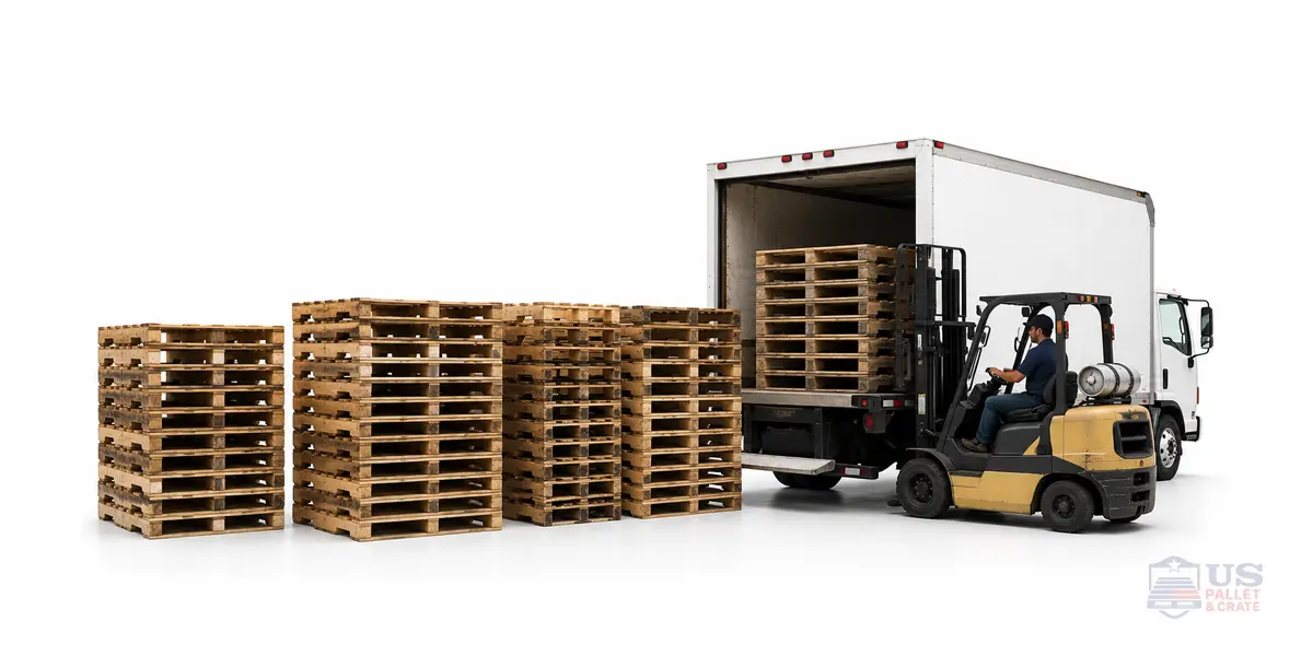 LTL Recycled Pallets (48x40 Grades A & B). A few stacks (10-20 pallets each) of recycled wood pallets being delivered or staged in a warehouse, supplied by U.S. Pallet & Crate in Houston, TX