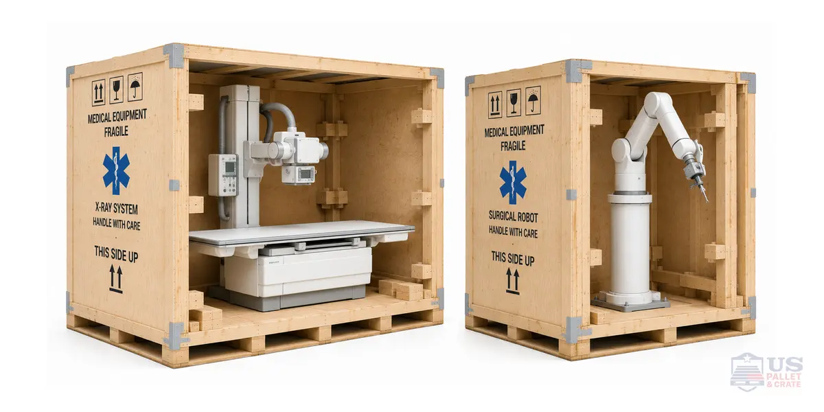 Medical Equipment Crating. A large wood crate around or being built around a piece of medical equipment (an MRI scanner, surgical robot, or hospital bed), supplied by U.S. Pallet & Crate in Houston, TX