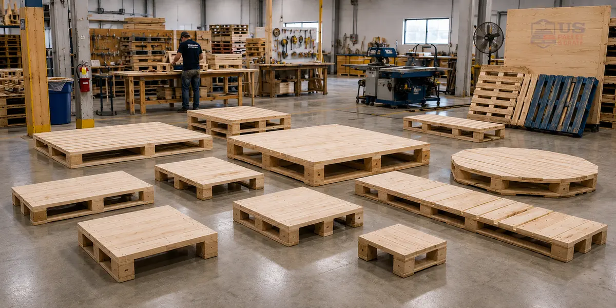 Non-Standard Dimension Pallets. A pallet yard or workshop showing multiple pallets of different shapes and sizes — squares, rectangles, small, large — all built to custom specs, supplied by U.S. Pallet & Crate in Houston, TX