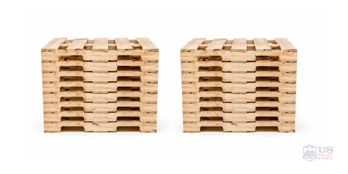 Notched Stringers. Stacks of long wood beams (2x4 or 4x4) with rectangular slots cut into the sides at regular intervals, supplied by U.S. Pallet & Crate in Houston, TX
