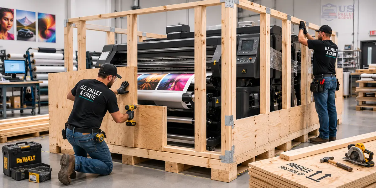 On-Site Crating Services. Craftsmen with tools and lumber building a wood crate ON SITE at a customer's facility — could be a warehouse, machine shop, lab, or office, supplied by U.S. Pallet & Crate in Houston, TX