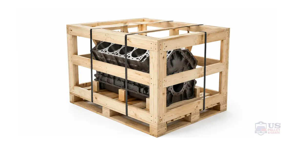 Open Slat / Skeleton Crates. A wooden crate with intentional gaps between the side boards — you can see through it, supplied by U.S. Pallet & Crate in Houston, TX