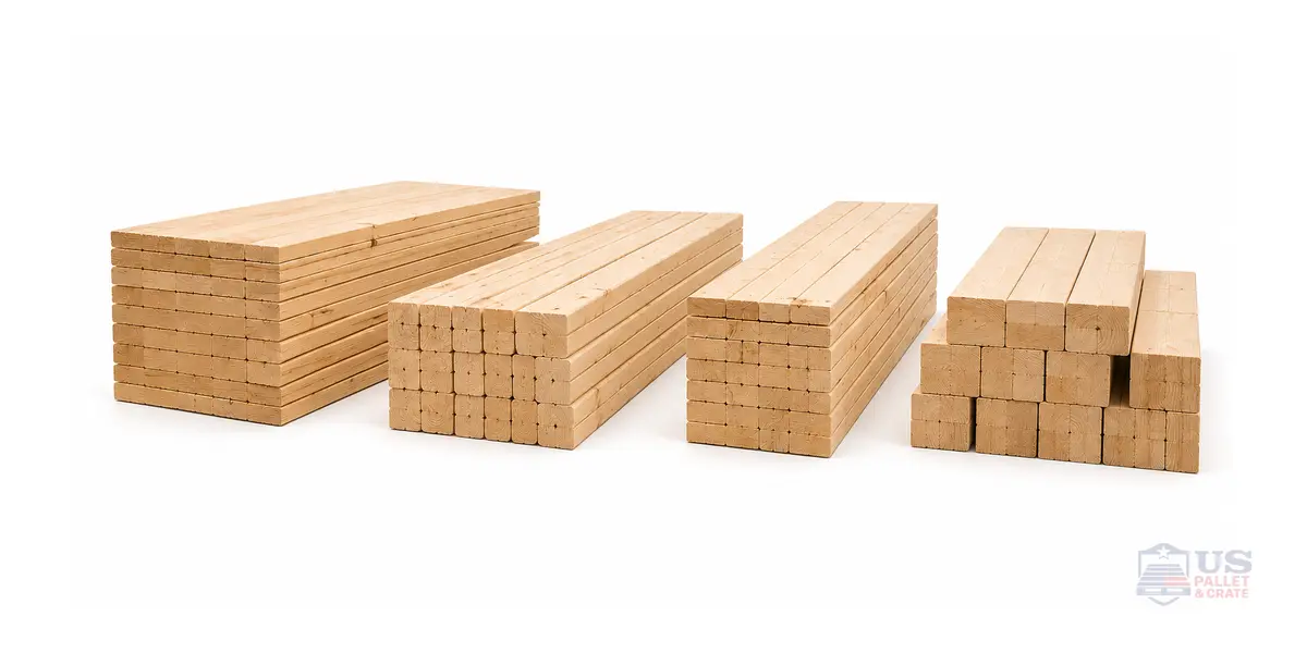 Pallet Cut Stock. A pallet workshop with neat stacks of pre-cut wood pieces — deck boards, stringers, blocks — labeled and ready to assemble, supplied by U.S. Pallet & Crate in Houston, TX