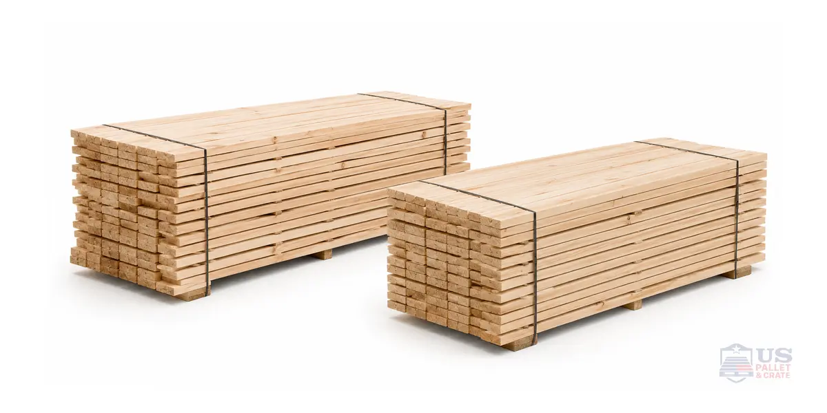 Pallet Boards / Deck Boards. Neatly stacked piles of thin wood planks (4-6 inches wide), supplied by U.S. Pallet & Crate in Houston, TX
