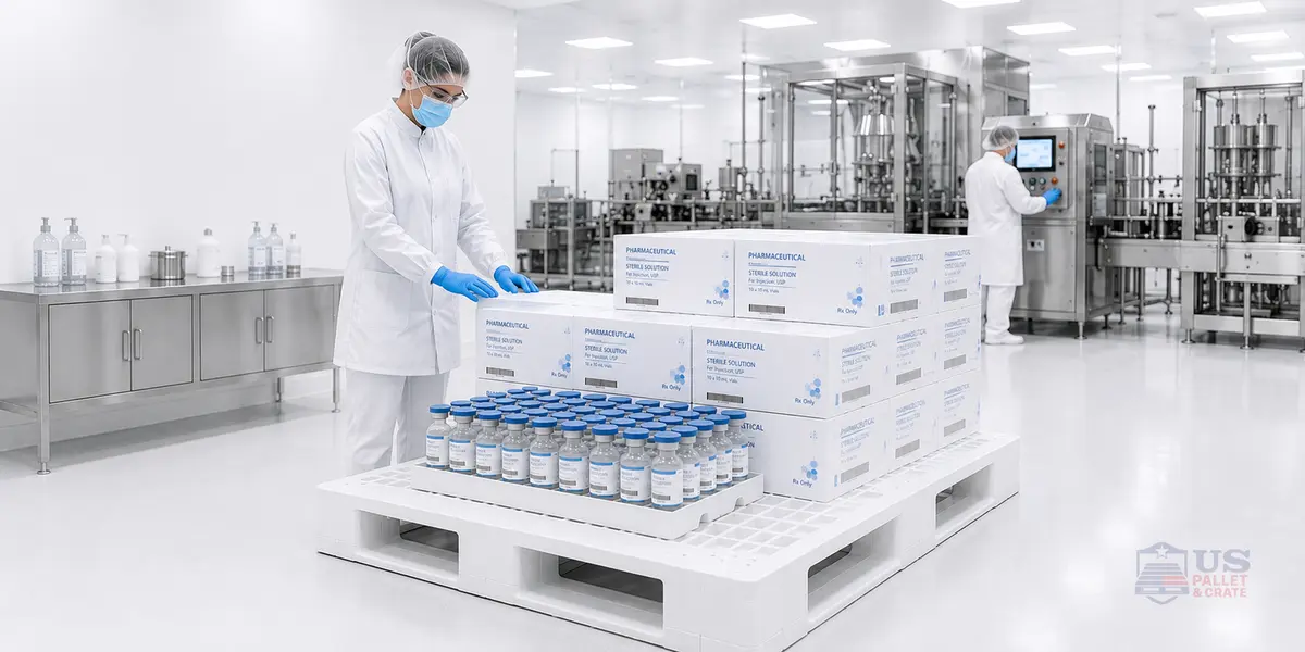 Pharmaceutical Grade Pallets. A stark white plastic pallet (or specially treated wood), ultra-sterile, supplied by U.S. Pallet & Crate in Houston, TX