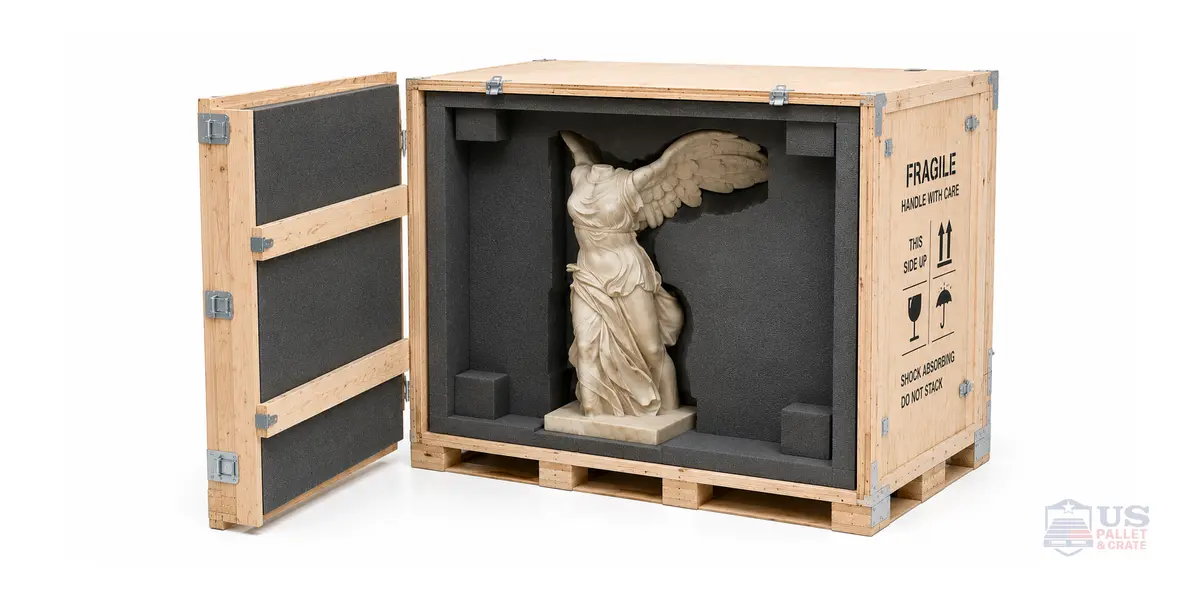 Protective & Fragile Goods Crating. A custom crate shown OPEN, revealing extensive foam padding, internal bracing, and custom fitting around a fragile object (a sculpture, instrument, or piece of art), supplied by U.S. Pallet & Crate in Houston, TX
