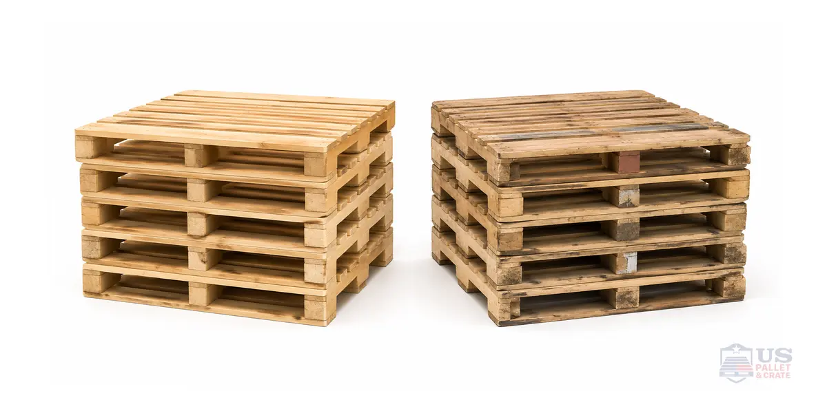 Recycled / Used 48x40 Pallets (Grades A & B). A used 48x40 wood pallet that's been refurbished, supplied by U.S. Pallet & Crate in Houston, TX
