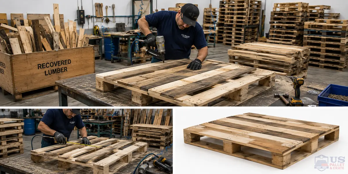 Remanufactured combo pallets rebuilt from sound recovered components, supplied by U.S. Pallet & Crate in Houston, TX