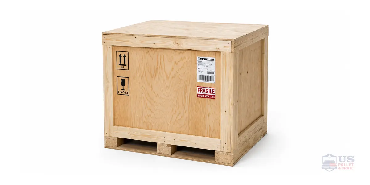 Standard Wooden Shipping Crates. A rectangular wood crate with plywood walls and wood framing, nailed shut, supplied by U.S. Pallet & Crate in Houston, TX