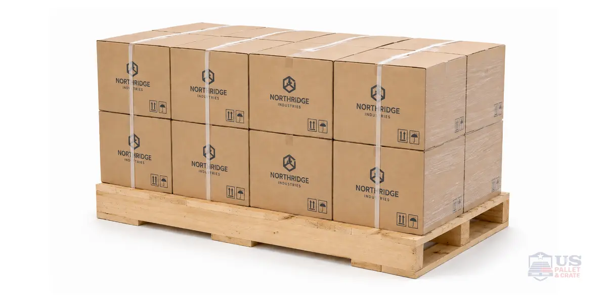 Stringer Style Pallets. A basic wood pallet with three long horizontal beams (stringers) underneath, supplied by U.S. Pallet & Crate in Houston, TX