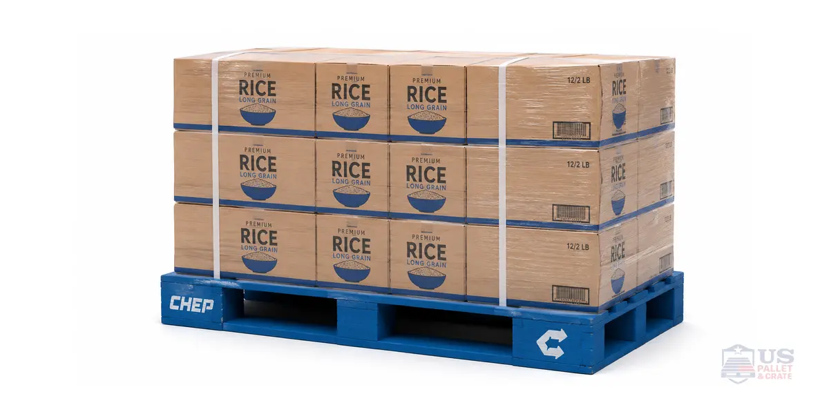 System Pallets. A wood pallet painted bright blue (CHEP) or red (PECO) or branded with a logo on the corner block, supplied by U.S. Pallet & Crate in Houston, TX