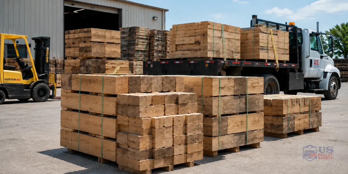Warehouse & Staging Cribbing. A warehouse or equipment yard with neatly stacked piles of thick wood cribbing blocks ready to be deployed, supplied by U.S. Pallet & Crate in Houston, TX