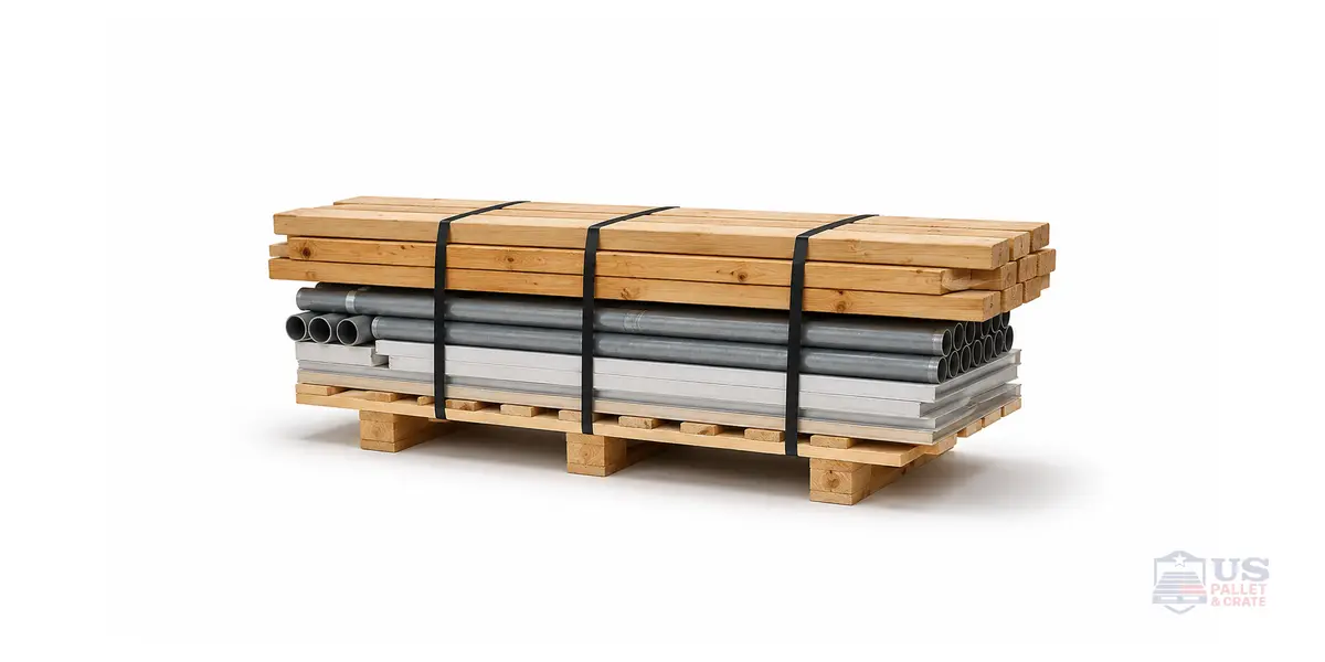 Wing Pallets (Overhang Deck). A wood pallet with top deck boards that extend beyond the supporting frame, creating overhanging 'wings.' Loaded with long materials like lumber, pipe, or sheet metal hanging slightly off the edges, supplied by U.S. Pallet & Crate in Houston, TX