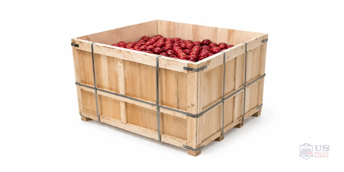 Wirebound Crates. A crate made of thin wood slats held together by visible metal wire (the wire is the visual hook), supplied by U.S. Pallet & Crate in Houston, TX