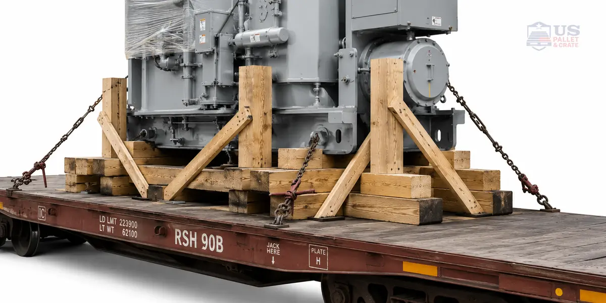 Wood Blocking for Cargo & Freight. Thick lumber (4x4s, 6x6s) nailed or wedged under and around heavy machinery on a flatbed truck or open rail car, supplied by U.S. Pallet & Crate in Houston, TX