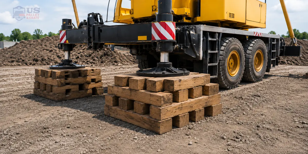 Wood Cribbing for Heavy Load Support. A pyramid or grid of thick wood beams (6x6 or 8x8 hardwood) stacked in a crisscross pattern UNDER a crane outrigger or piece of construction equipment, supplied by U.S. Pallet & Crate in Houston, TX