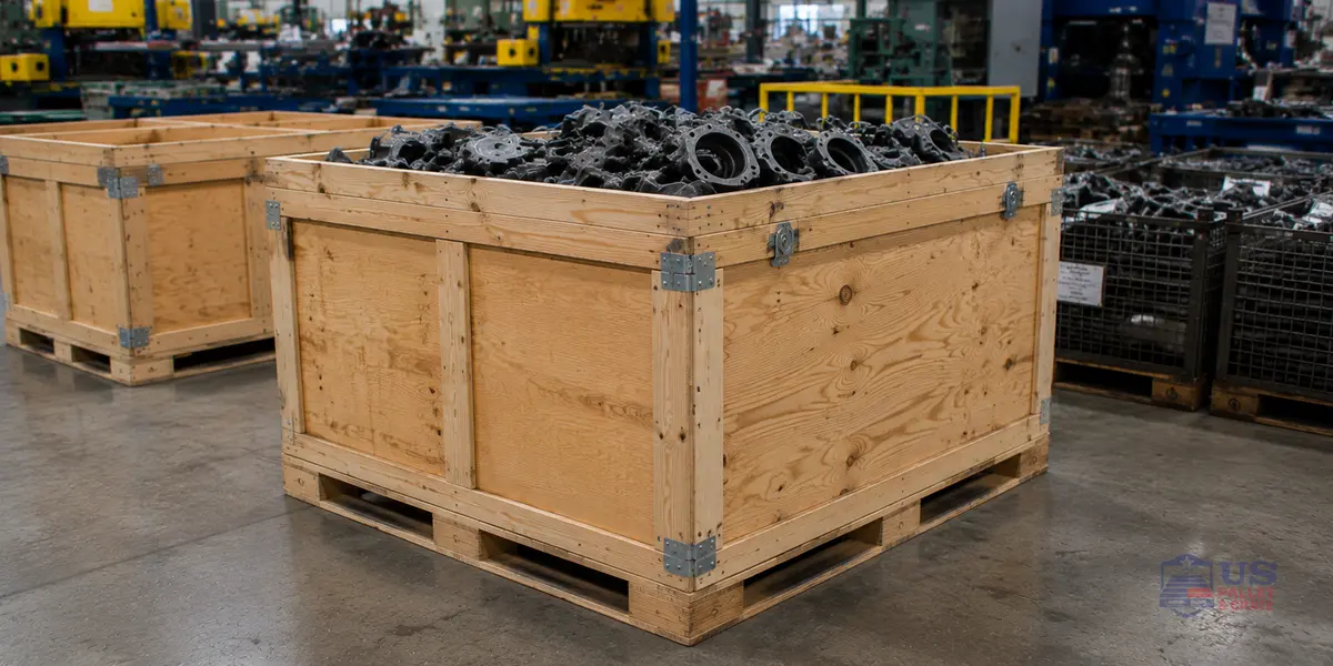 Wooden bulk boxes for bulk product handling and storage, supplied by U.S. Pallet & Crate in Houston, TX